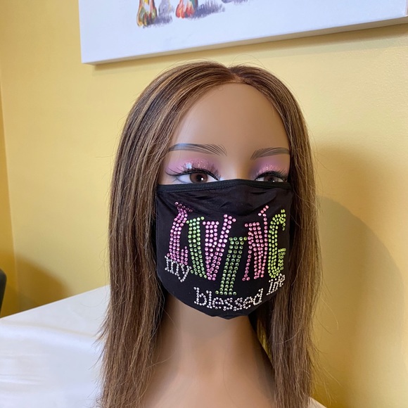 Living My Blessed Life Bling Rhinestone Face Mask Pink and Green - Picture 2 of 8